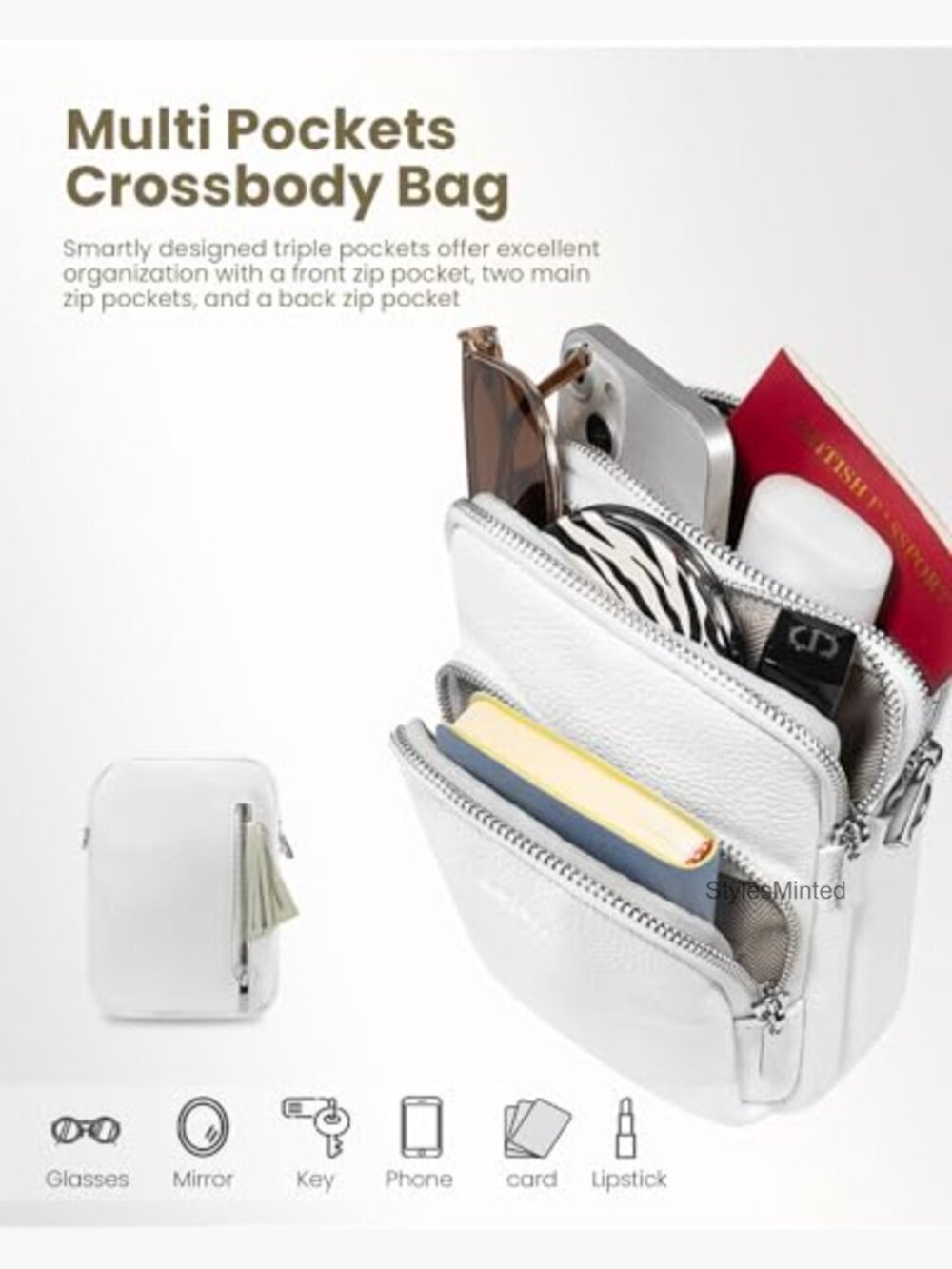 Small Genuine Leather Crossbody Bag with RFID Blocking, Zipper Pockets - Picture 4 of 7